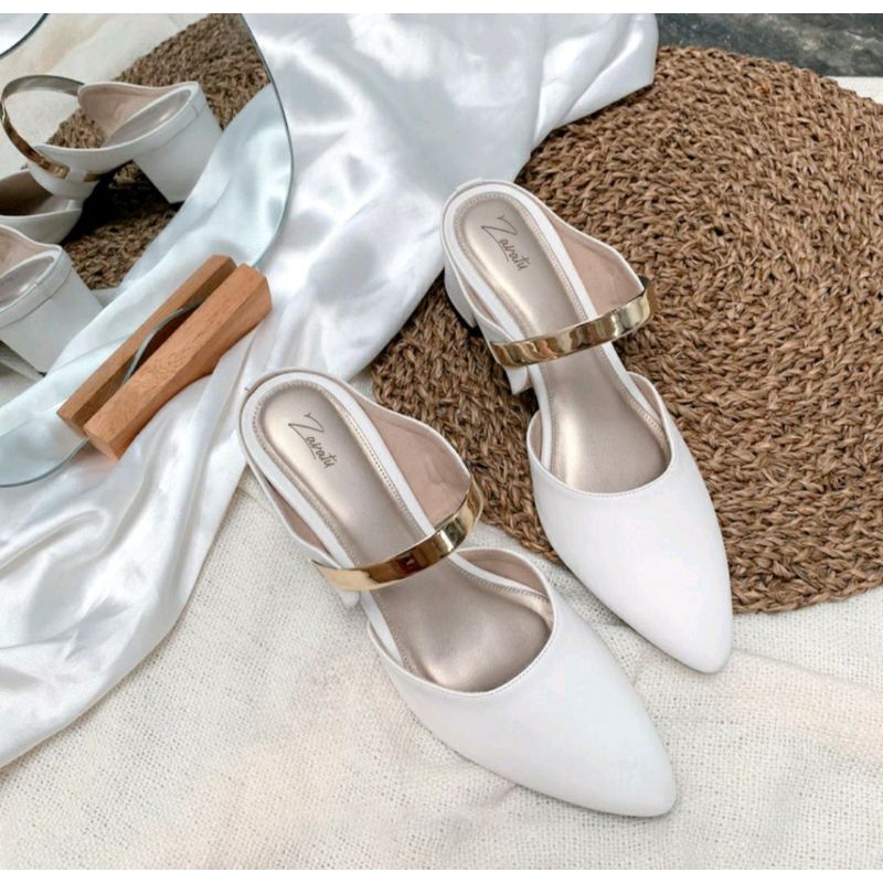 Sepatu Sendal Kulit Wanita Super JUMBO 41-45 Slop Formal Kantoran Big Size Ibu2 Bule Sendal Heels Kaki Gemuk Oversize Jebrag Krem, 44