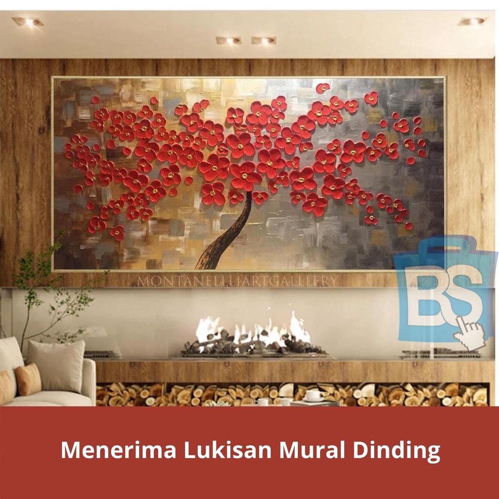 Lukisan Abstrak Bunga Merah lukisan pohon bunga merah cat timbul