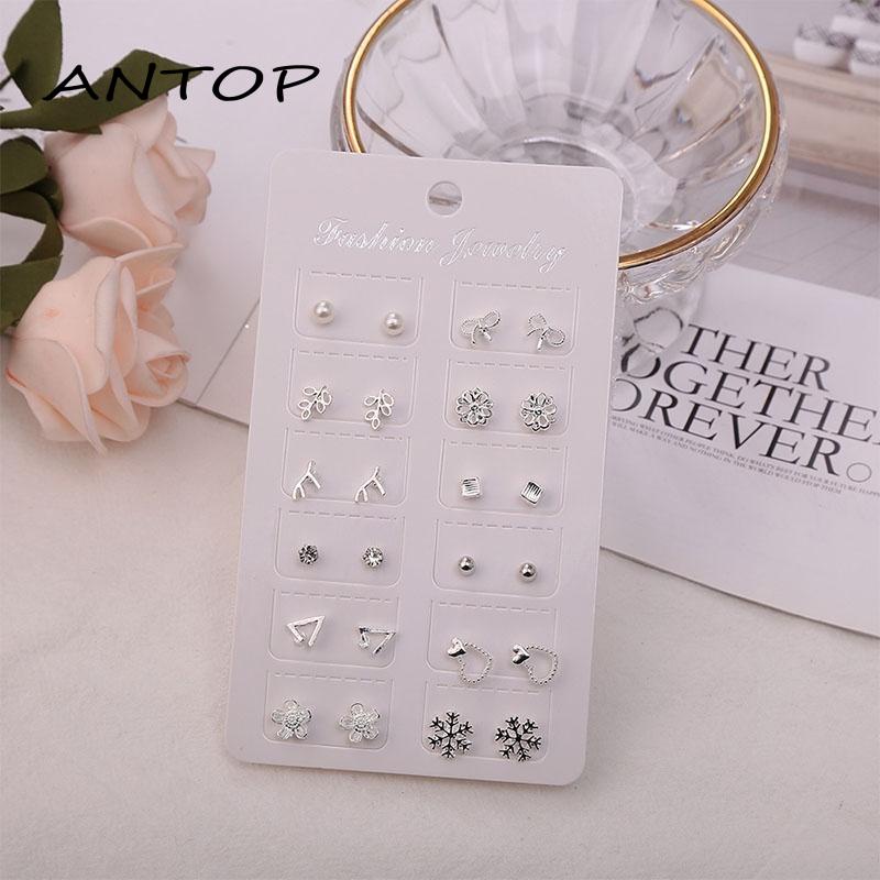 12 Pasang / Set Anting Tusuk / Stud Model Campur Bahan Silver Untuk Wanita