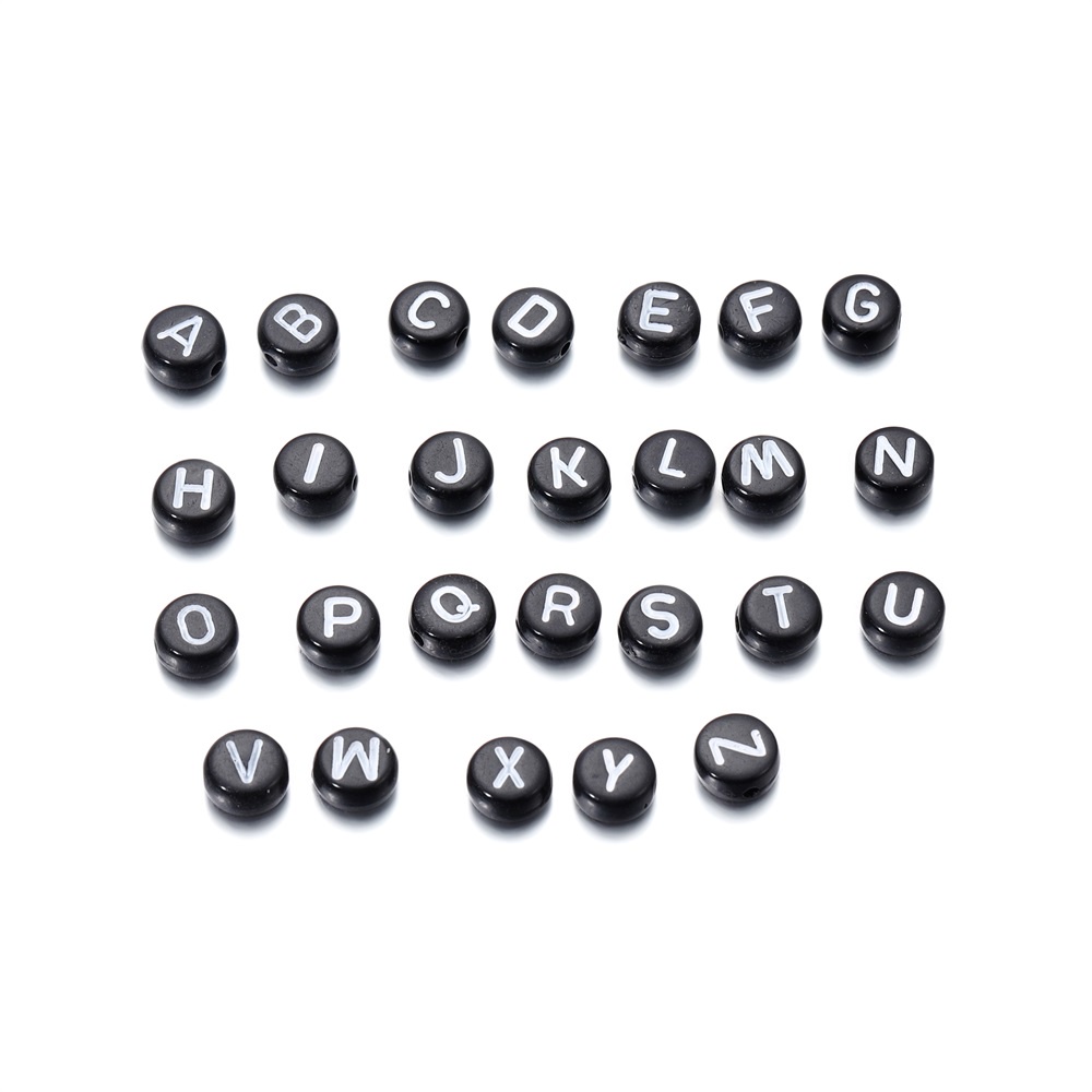 100Pcs Manik-manik huruf hitam bulat 7mm A-Z Manik manik Akrilik