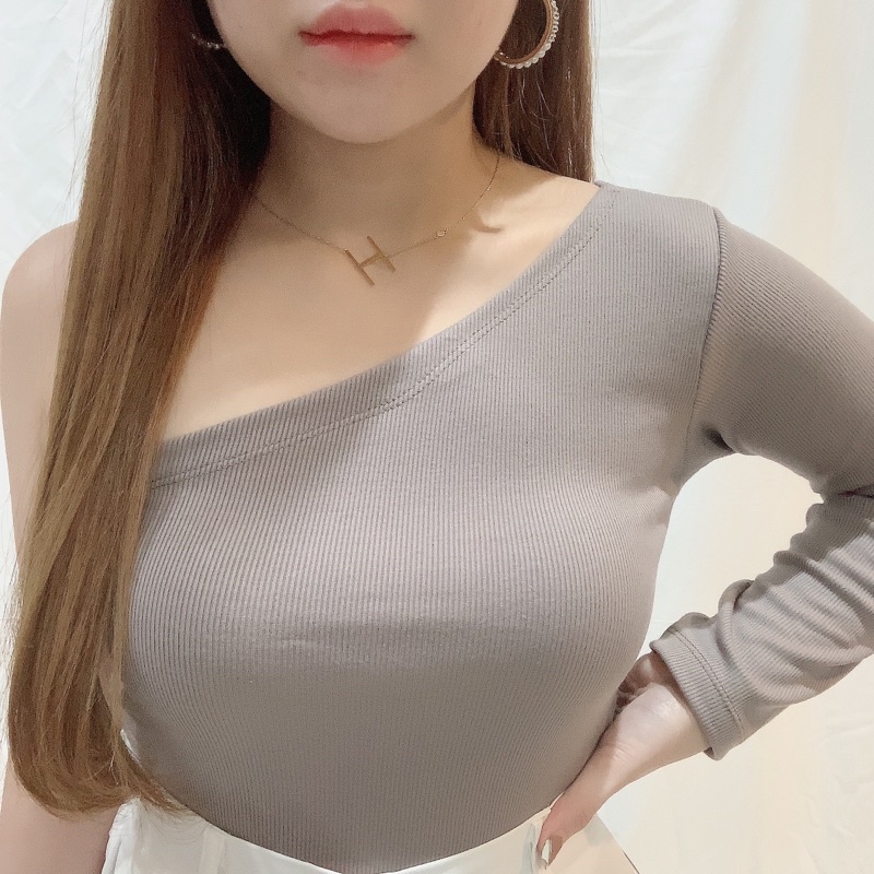 Long Sleeve Wrinkle Side One Shoulder Knit Top | Kaos Atasan Wanita Lengan Panjang Tali Serut Korean Fashion | Maimon Grosir