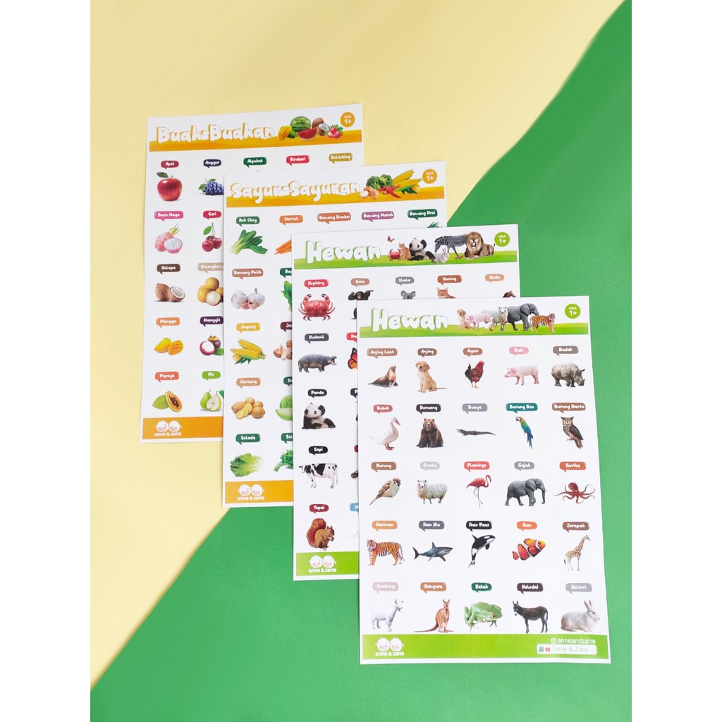 Poster Paket isi 4 - Poster Buah Sayur dan Hewan - Aktivitas anak mengenal buah sayur hewan / PAUD