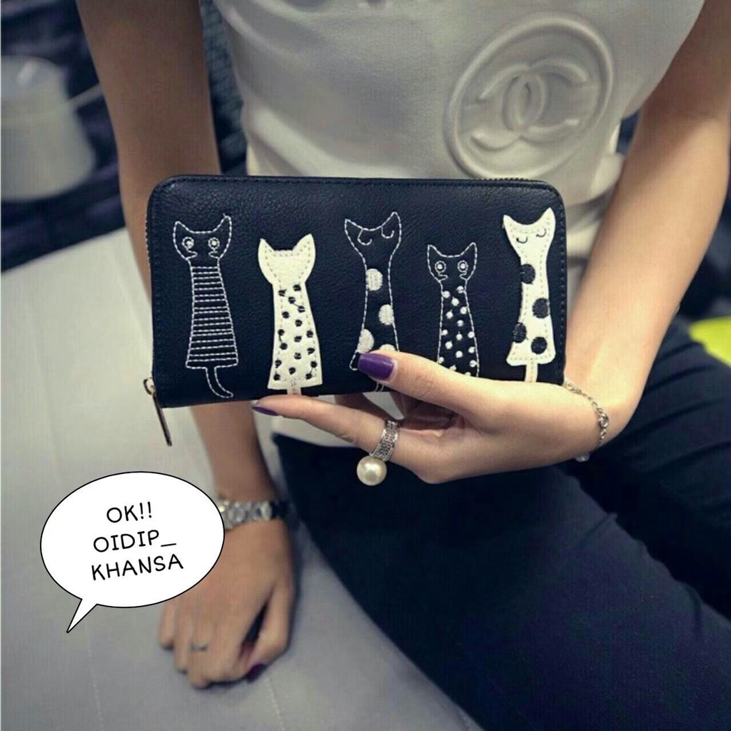 Dompet Lipat Panjang Wanita Motif LIMA KUCING BARIS Muat Banyak Murah Bisa Bayar Di Tempat