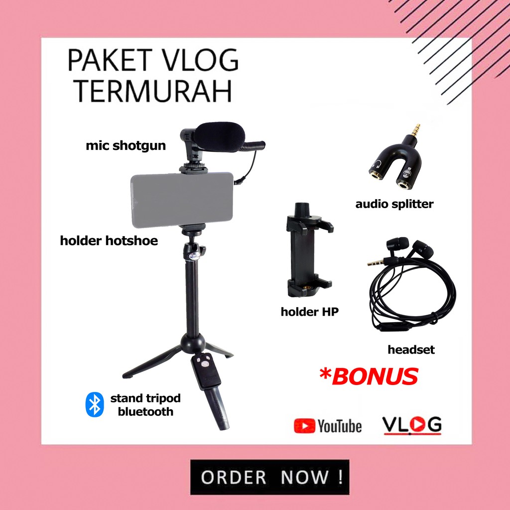 Paket Vlog Mic Shotgun Stand Tongsis Tripod Bluetooth Headset Audio Splitter Holder HP Hot Shoe