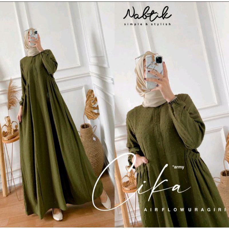 Cika Gamis Wanita Crinkle Uragiri Premium Dress Wanita Lengan Panjang Karet Susun Baju Wanita Muslim Kekinian LD 110 cm