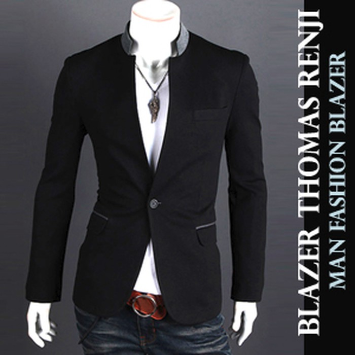 BLAZER PRIA TERBARU THOMAS RENJI HITAM KERAH WARNA ABU BAHAN PUTRA MILL MODEL SLIMFIT