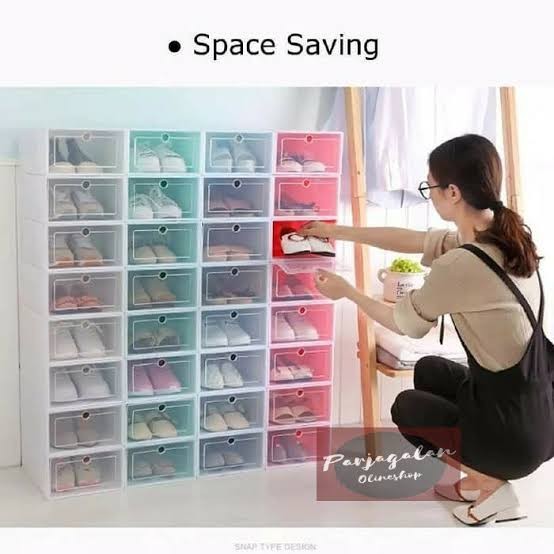 Ukuran Besar Tempat Sepatu Susun Transparan Bahan Plastik / Rak Kotak Box Lipat