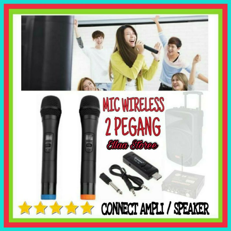 3R Microphone Wireless Mic Karaoke Connect Ampli Speaker Dua Mic UHF