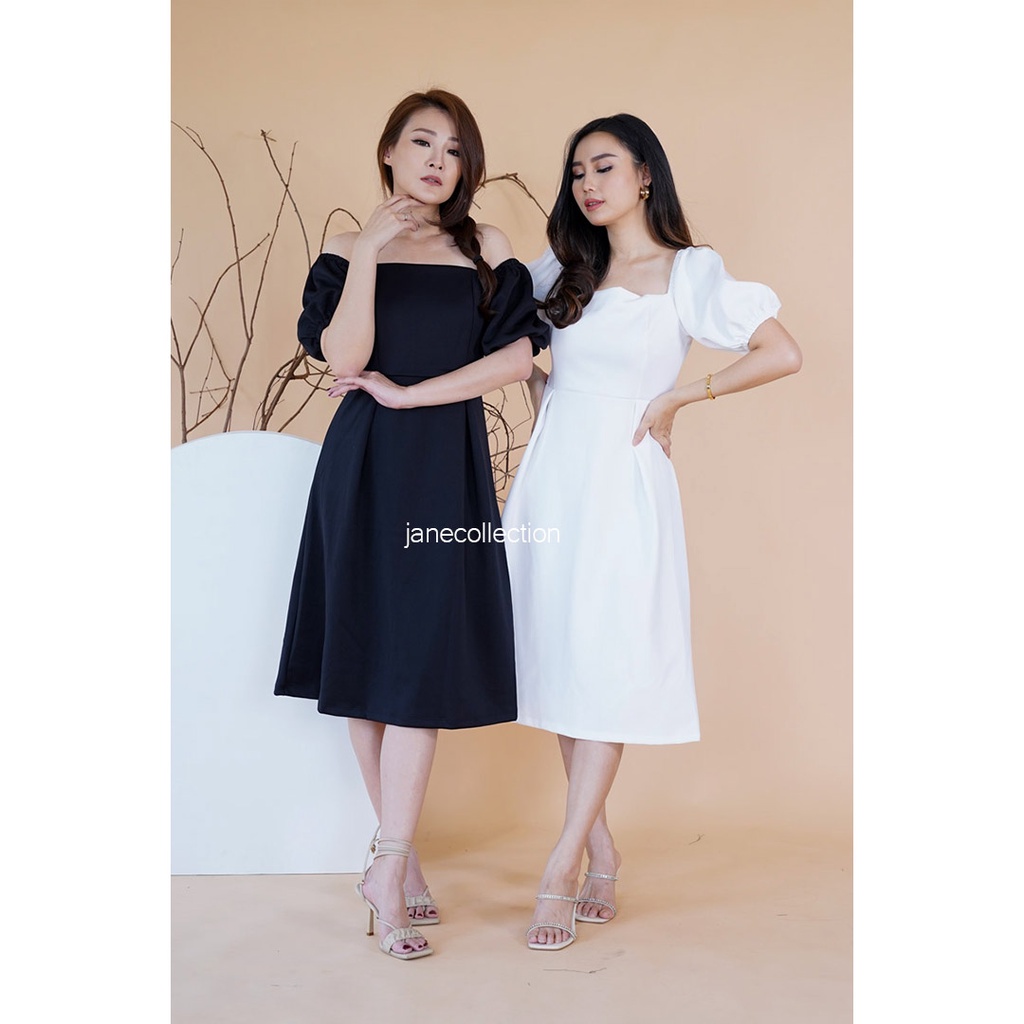 JANE COLLECTION || Midi Dress Hitam Kasual Lengan Balon Bisa dijadikan Sabrina / Square Neck Prom Night A Line Selutut Maroon Prime Scuba Night Party Pesta Kondangan OOTD Korea Pernikahan Nikah Dress Clara