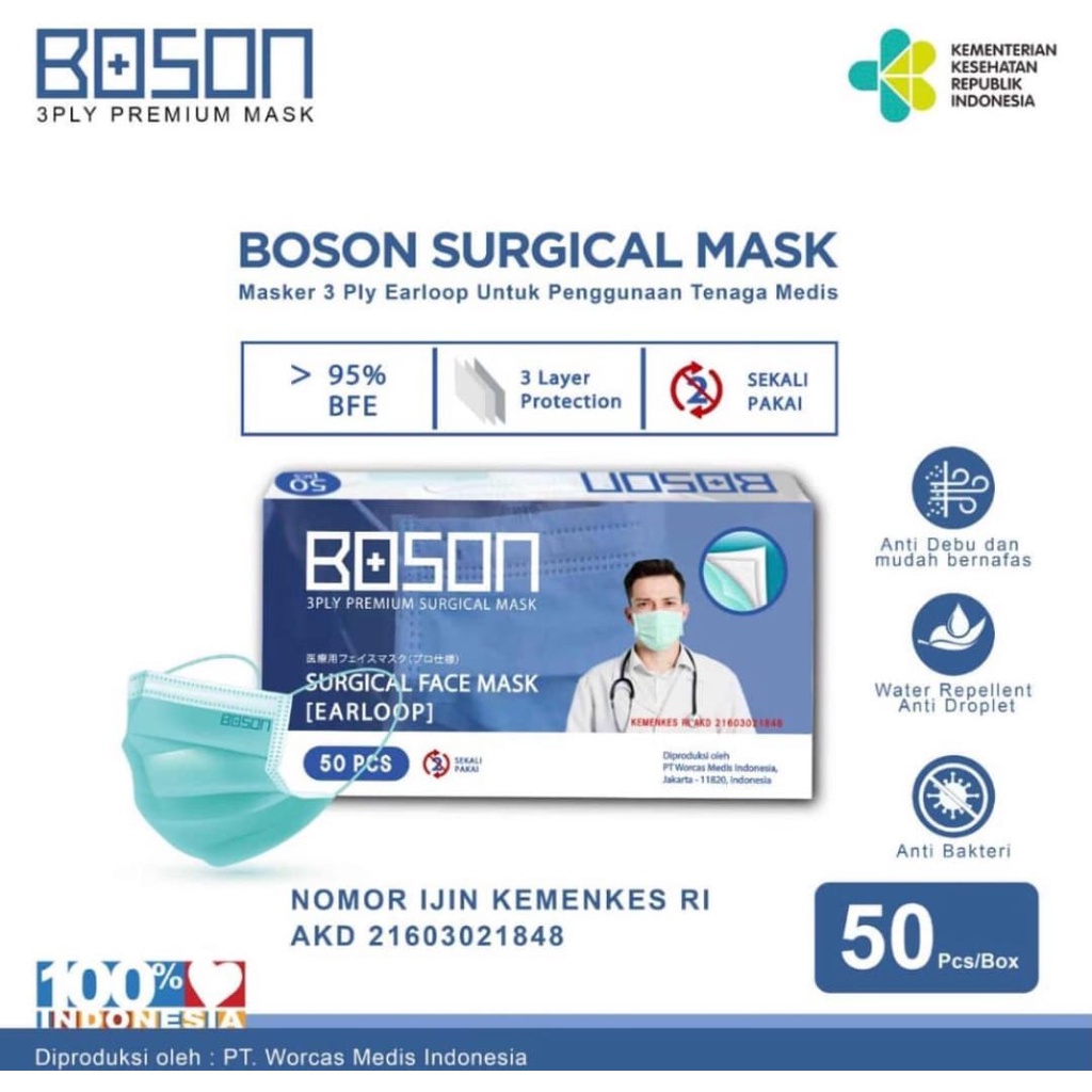 BOSON Masker Surgical Mask Earloop 3 Ply - Masker Medis isi 50 Pcs