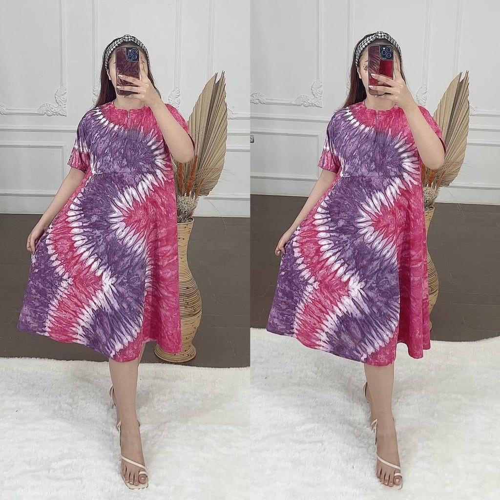 [GROSIR] Daster Kaos Payung Busui Tiedye XXL Jumbo Klok A Busui Resleting-Topan Pink Ziper