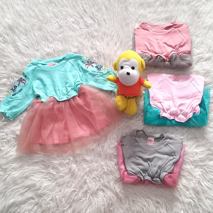 MA Baju Bayi Dress Pesta Anak Perempuan Pinggang Karet Lengan Bunga