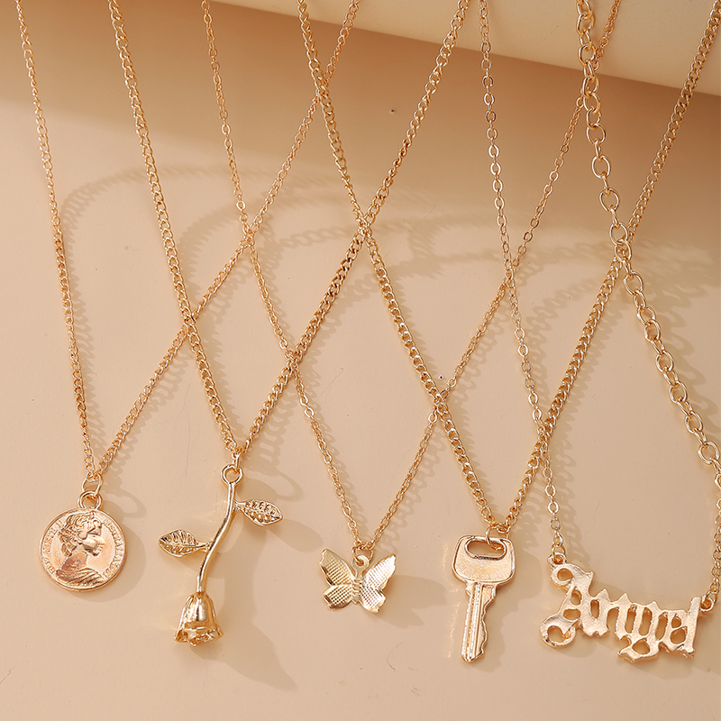 6pcs / Set Kalung Rantai Choker Liontin Bunga Butterfly Warna Emas Gaya Retro Korea Untuk Wanita