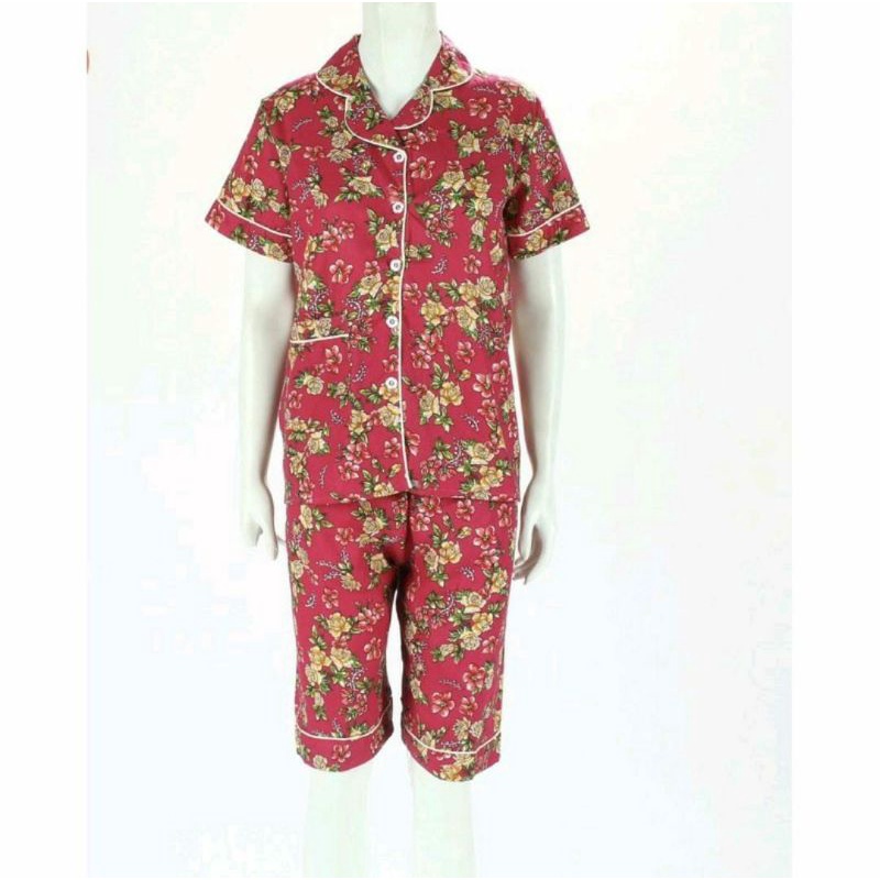 Baju Tidur Set Piyama Dewasa Lengan Pendek Celana 7/8 Katun Jepang Motif Jasmine Flower Fit to L