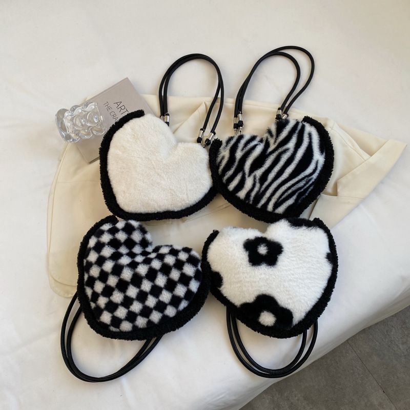 [littlecrab] Tas Love Hitam Putih Bulu Model Catur Zebra Bunga Monokrom Tas Bahu Bulu Lembut Cute Love Woman Bag Fluffy Black White Chess Flower Tas Berkualitas Korean Style