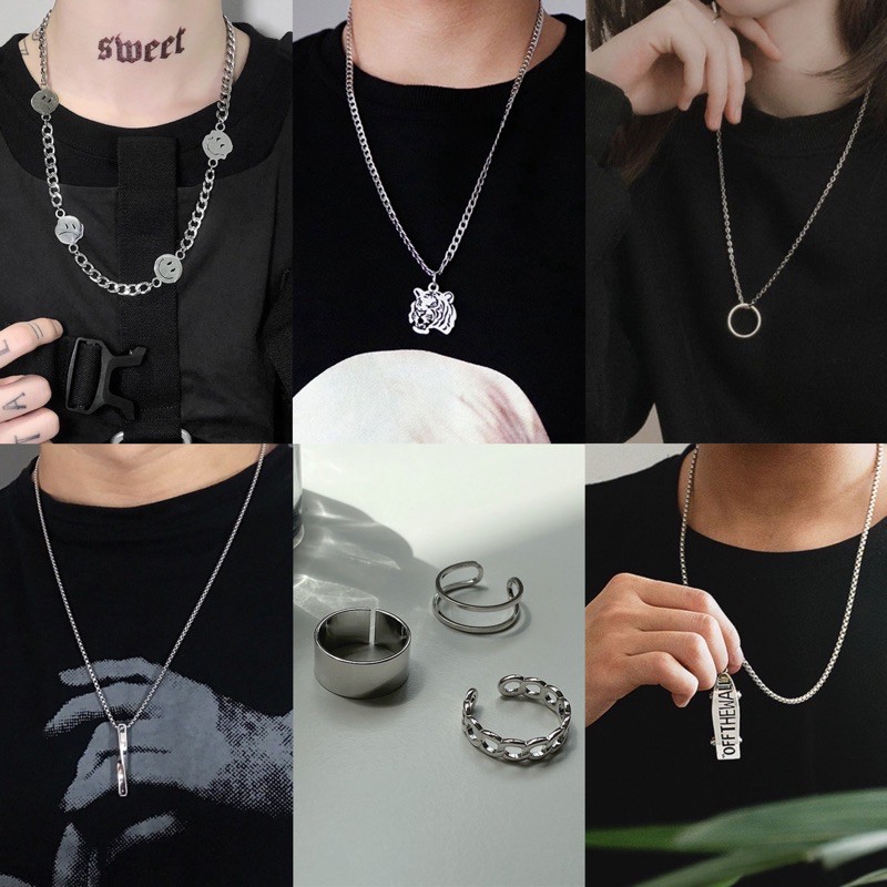 (COD) Kalung Pria Rantai Hip hop Pria Cincin Pria Set Unisex Chain Silver Kalung Uzi Van Tiger