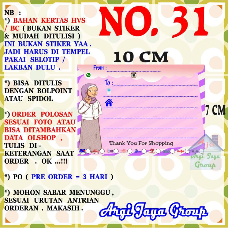 

Label Pengiriman Alamat Olshop Murah Nomer 31 - 10x7cm - Kertas BC (Manila)