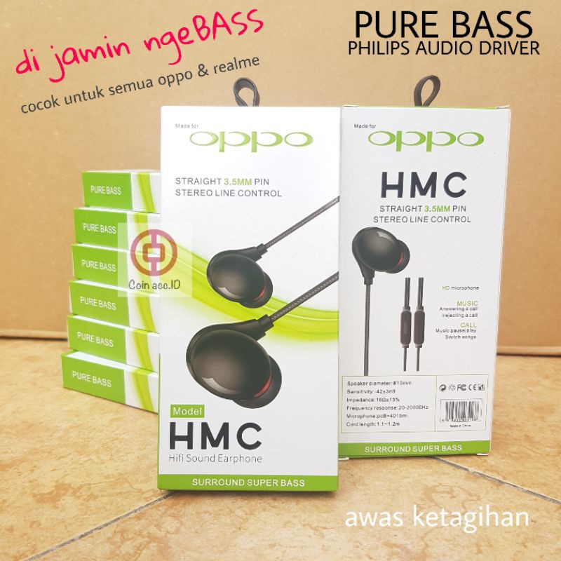 earphone HMC OPPO SUPER EXTRA BASS - headset/hedset/megabass A3s A1k F9 A5s A9 A7 A37 A31 A92