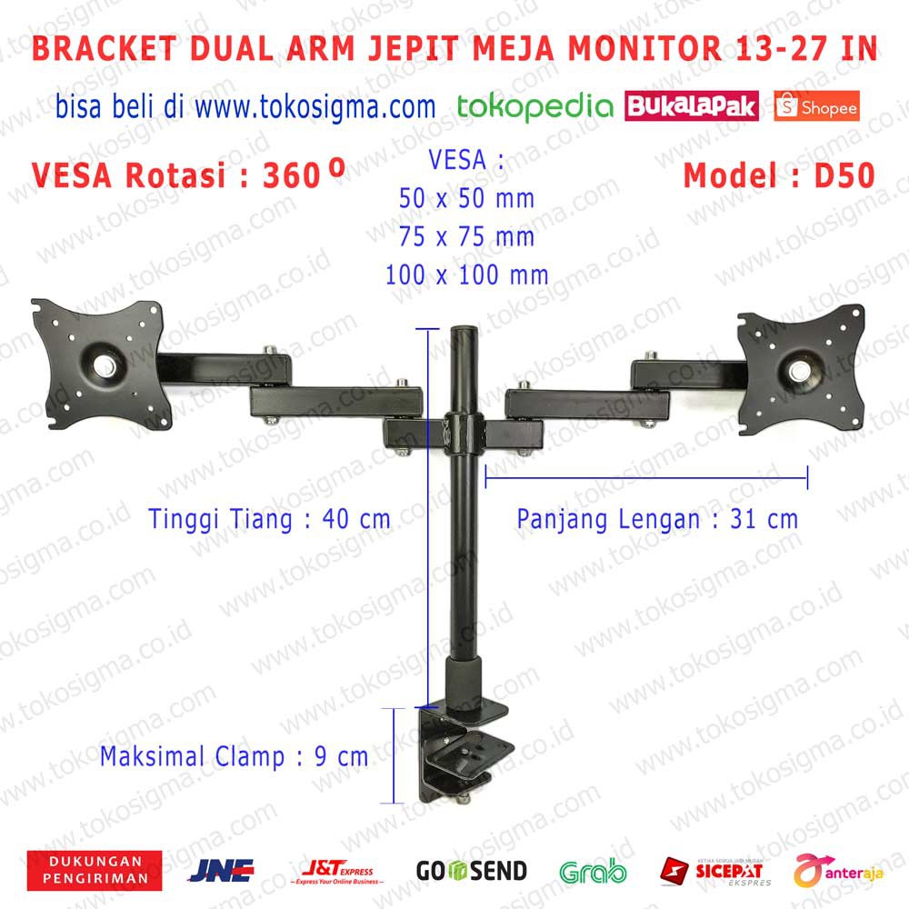 BRACKET BERDIRI JEPIT DI MEJA D50 DUA LENGAN FOR FLAT MONITOR 13-27 IN