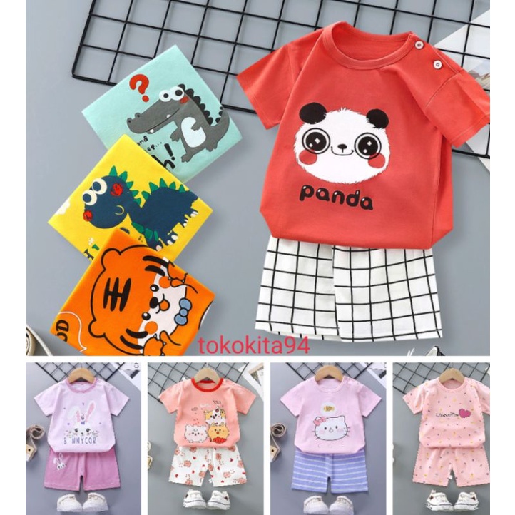 Setelan Baju Anak  Import Motif Lucu Kartun Baju + Celana - Baju Bayi 1Set Atas Bawah Korea Motif Kartun - Baju Anak Homewear 1Set Cewek Cowok Korea Import Lengan Pendek- Stelan Baju Anak Import