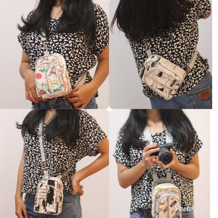Tas Kamera Mini Mirrorless Kanvas Corak Wanita Multifungsi Motif
