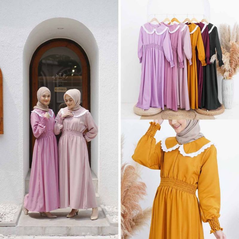 Dress maxi kerah renda/ gamis kerah renda