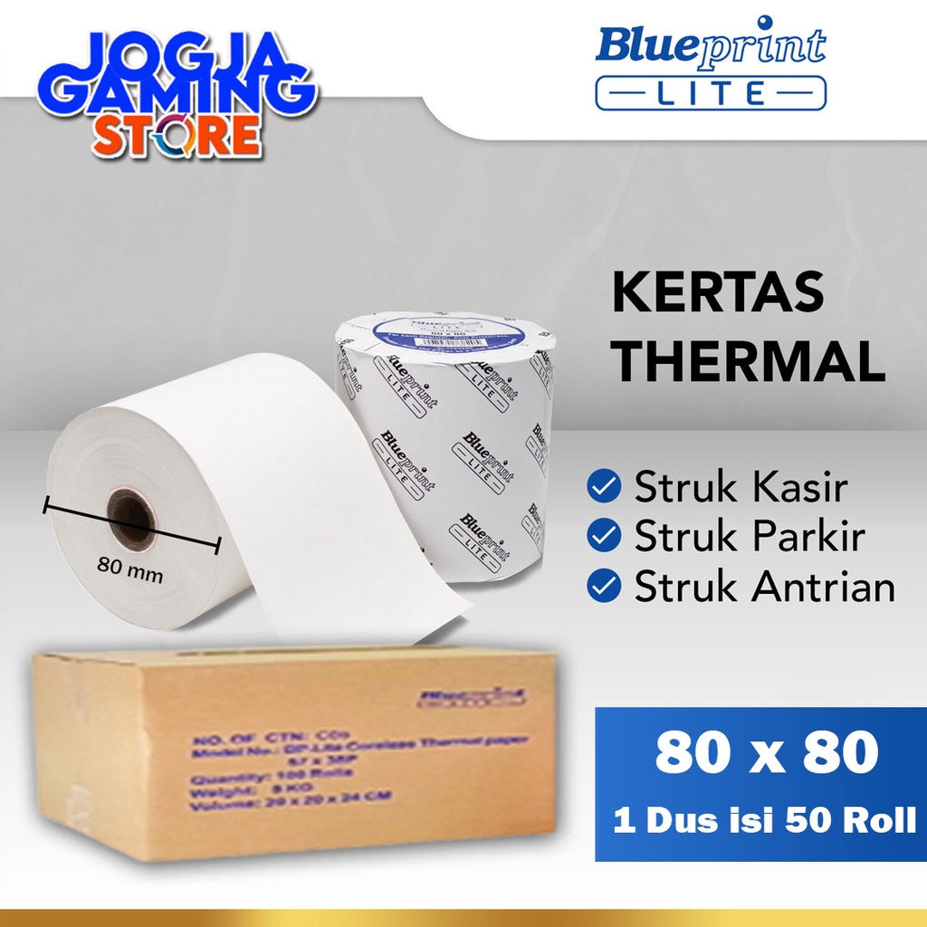 

KERTAS THERMAL ROL STRUK KASIR PARKIR BLUEPRINT LITE 80x80mm - 1 Dus Isi 50 roll