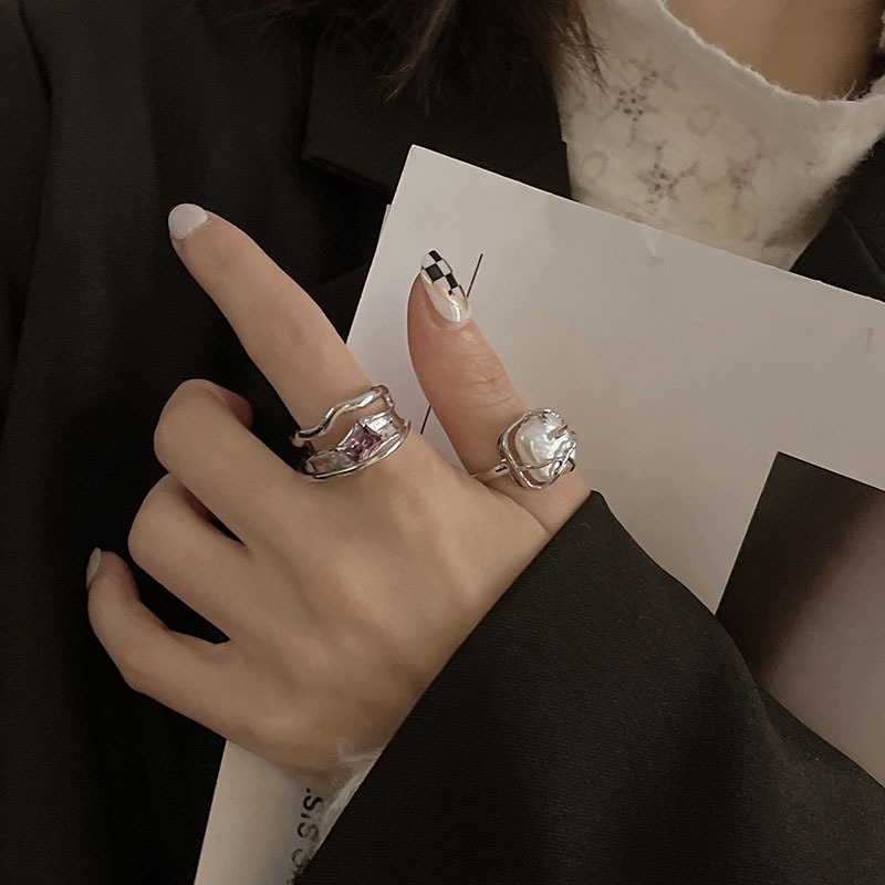 Cincin Model Terbuka Aksen Batu Mutiara Gaya Harajuku