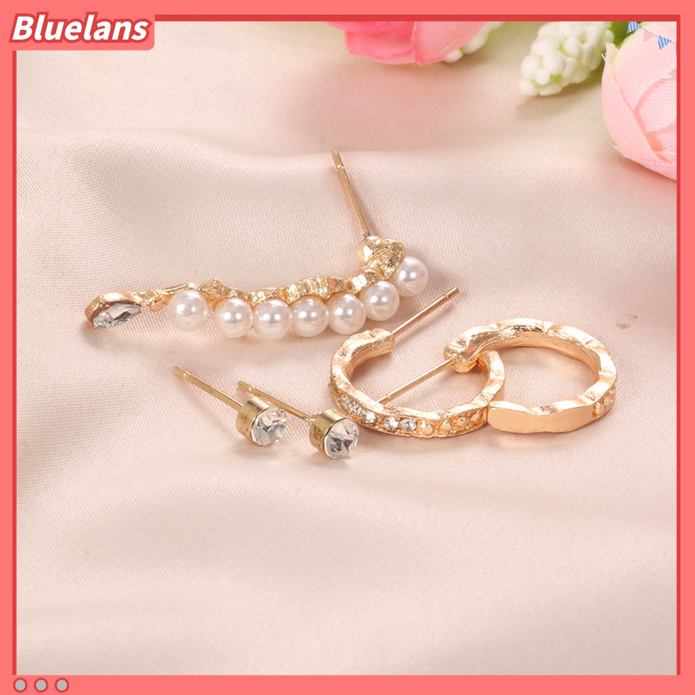 5 Pcs Anting Stud Geometris Aksen Mutiara Berlian Imitasi Untuk Wanita