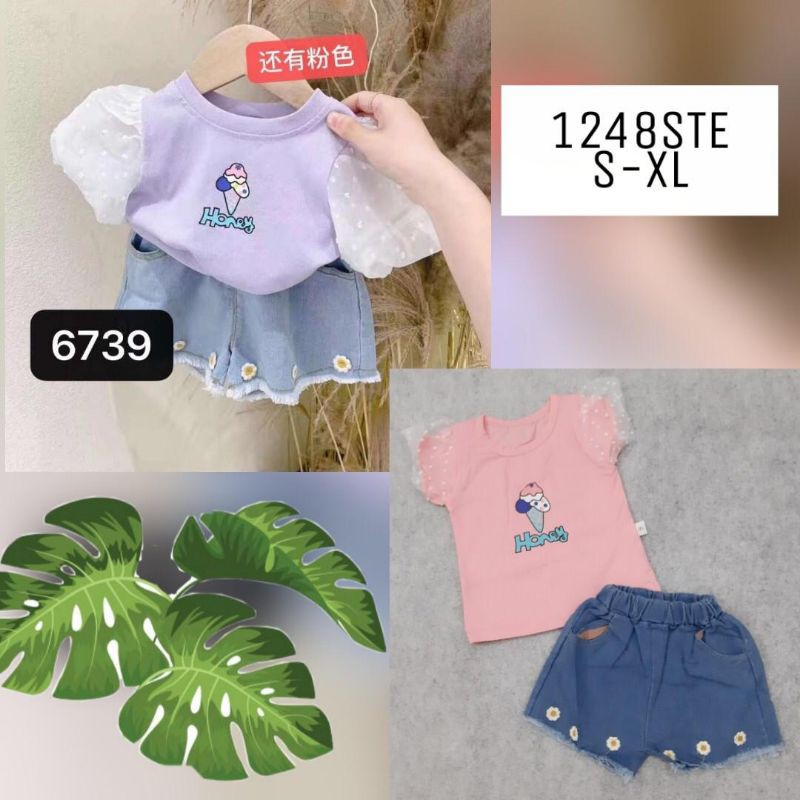 READY IMPORT SETELAN BAJU ANAK CEWEK (KAOS LENGAN BALON + CELANA SOFT JEANS)