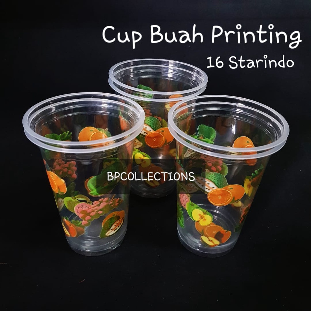 1 DUS 2000 pcs GELAS PLASTIK 14OZ 16OZ BUAH SABLON PRINTING CUP 16 TEBAL MOTIF JUS BENING OZ BUBBLE 