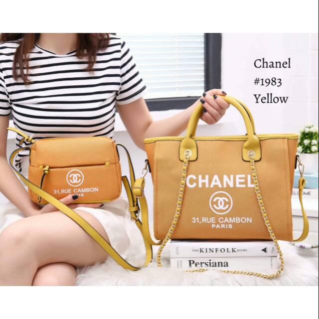 CHANEL CANVAS TOTE BAG TWO STRAP Set Sling bag#1983