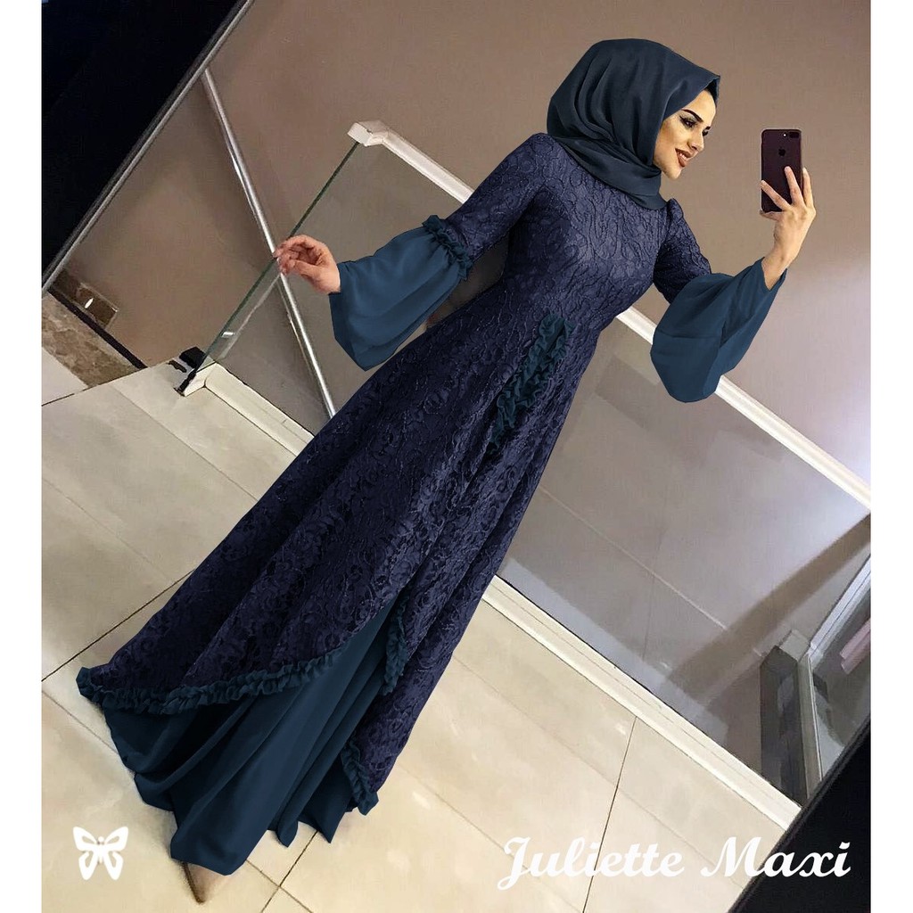 Maxi Gamis JULIETTE XL dan 3XL JUMBO Brukat + Hyget kombi lengan Sifon Berkualitas Terbaru-5
