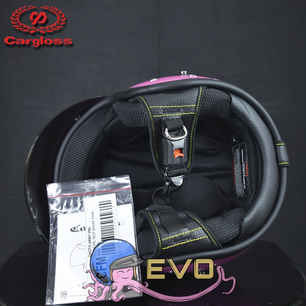 HELM CARGLOSS ORIGINAL CFM RETRO ARMY HALF FACE - MILKSHAKE PINK PASTEL METALIC + KACA DATAR