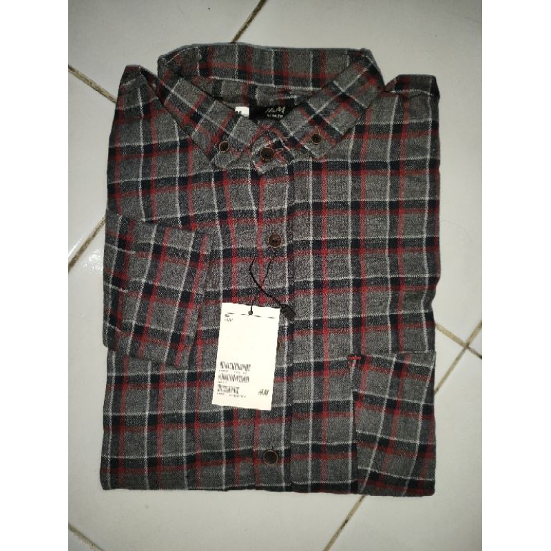 Kemeja Pria - Kemeja Flanel grey square list red black