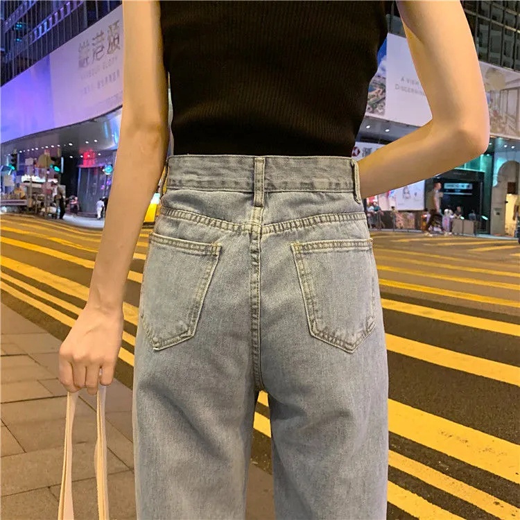 Korean New Women's Loose High Waist Wide Leg pengait celana jeans