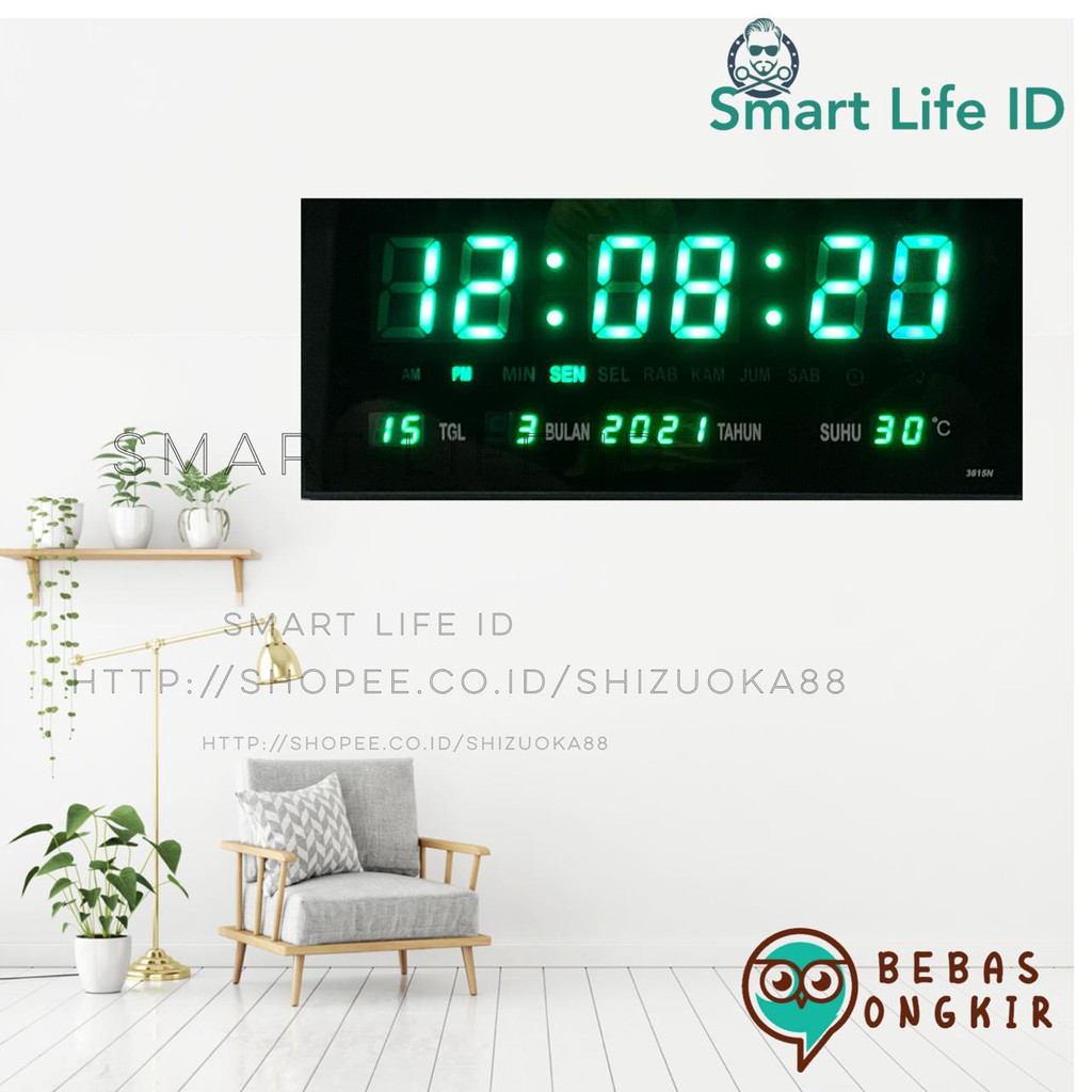 Jam Dinding LED Digital Alarm Clock Jam Meja Dekorasi Hiasan Dinding Rumah XY 3615 Hijau