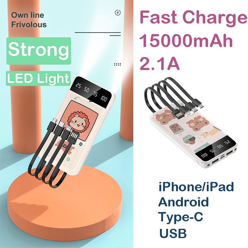 Power Bank 15000mAh LED Display LED Light 2.1A Fast Charging Portable Charger 4 Charger Cable iPhone