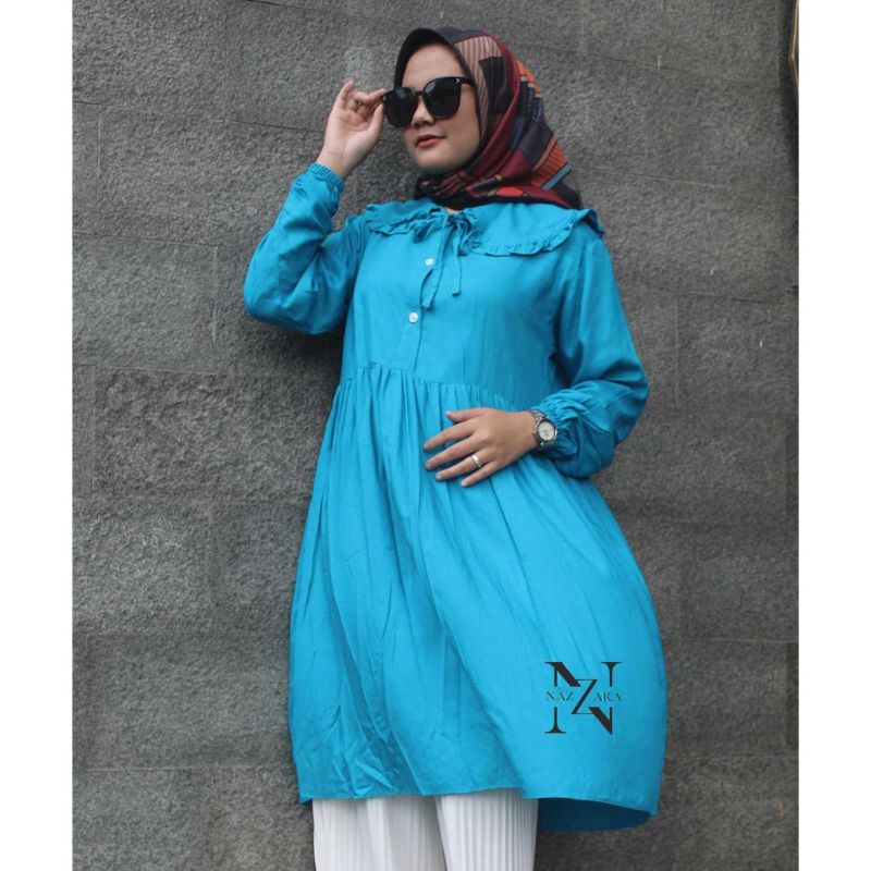 Pakaian Muslim Wanita - Kyra Midi Dress Rayon / Tunik Busui Kekinian/ Kerah Ala Korean Style Terlaris 2022