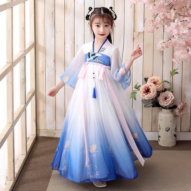 Hanfu children's Chinese style super FAIRY DRESS antique girl flying crane Xiangyun Princess Ru skir