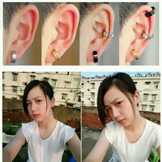 Tindik Pria Anting Earing Cowok Titanium Black Silver Gold Rainbow Anting Jepit Sepasang/antingjepit