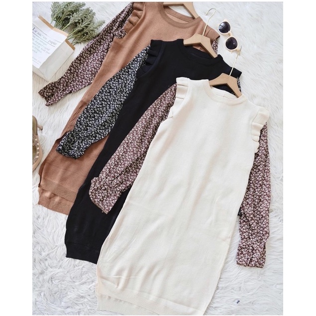 Dress Tunik rajut knit ruffle mix tangan bunga bunga premium import bangkok bkk