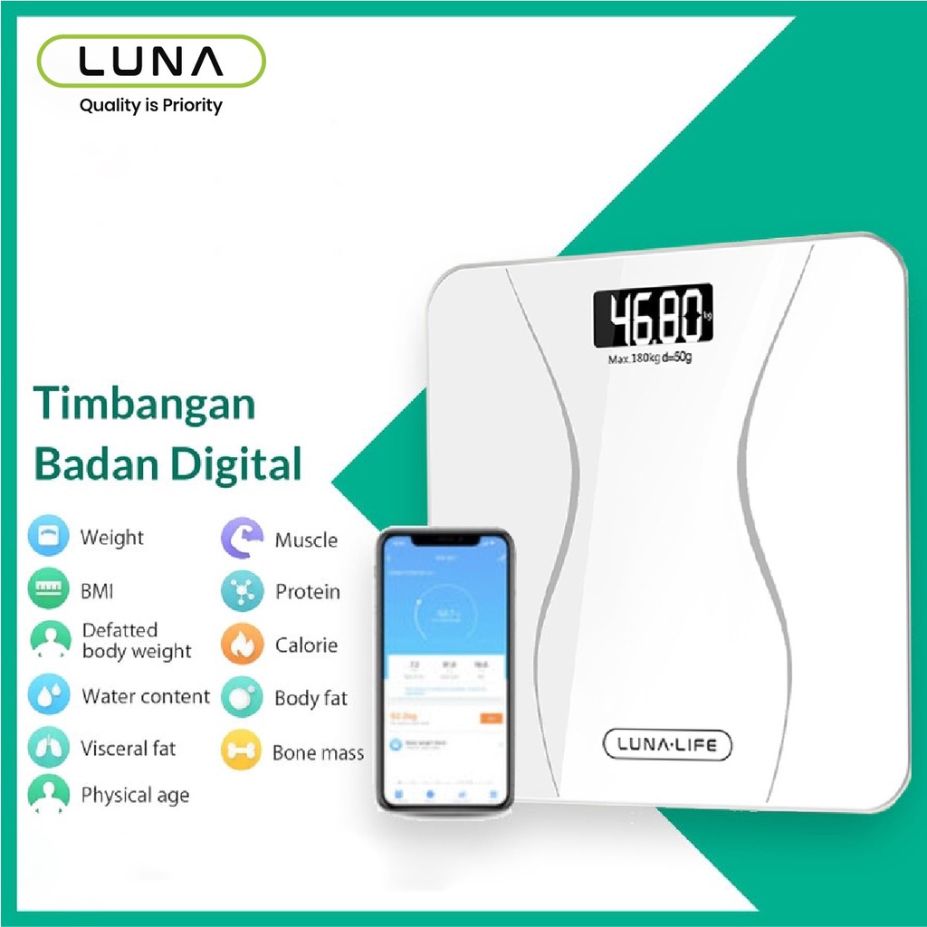 LunaLife Smart Digital Body Fat Scale / Timbangan Badan Pintar Digital with App