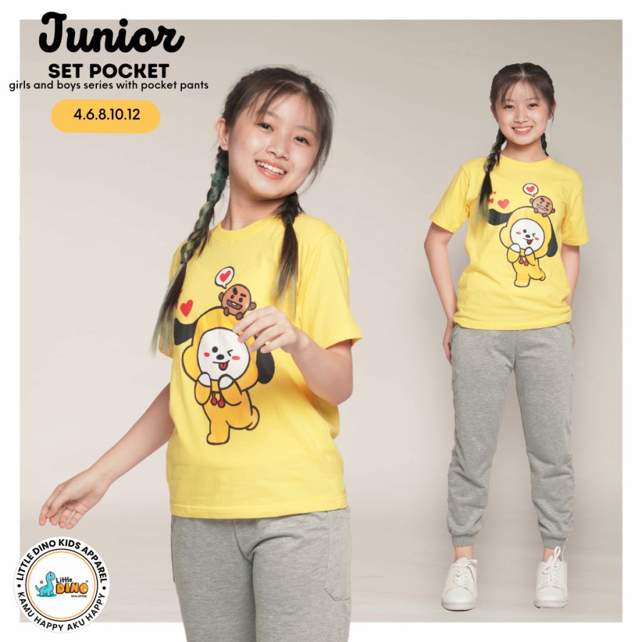 Setelan Baju Tidur Anak Perempuan Pocket BT21 Chimmy Junior 4y / Kado Baju Kaos Celana Anak Adem Mur