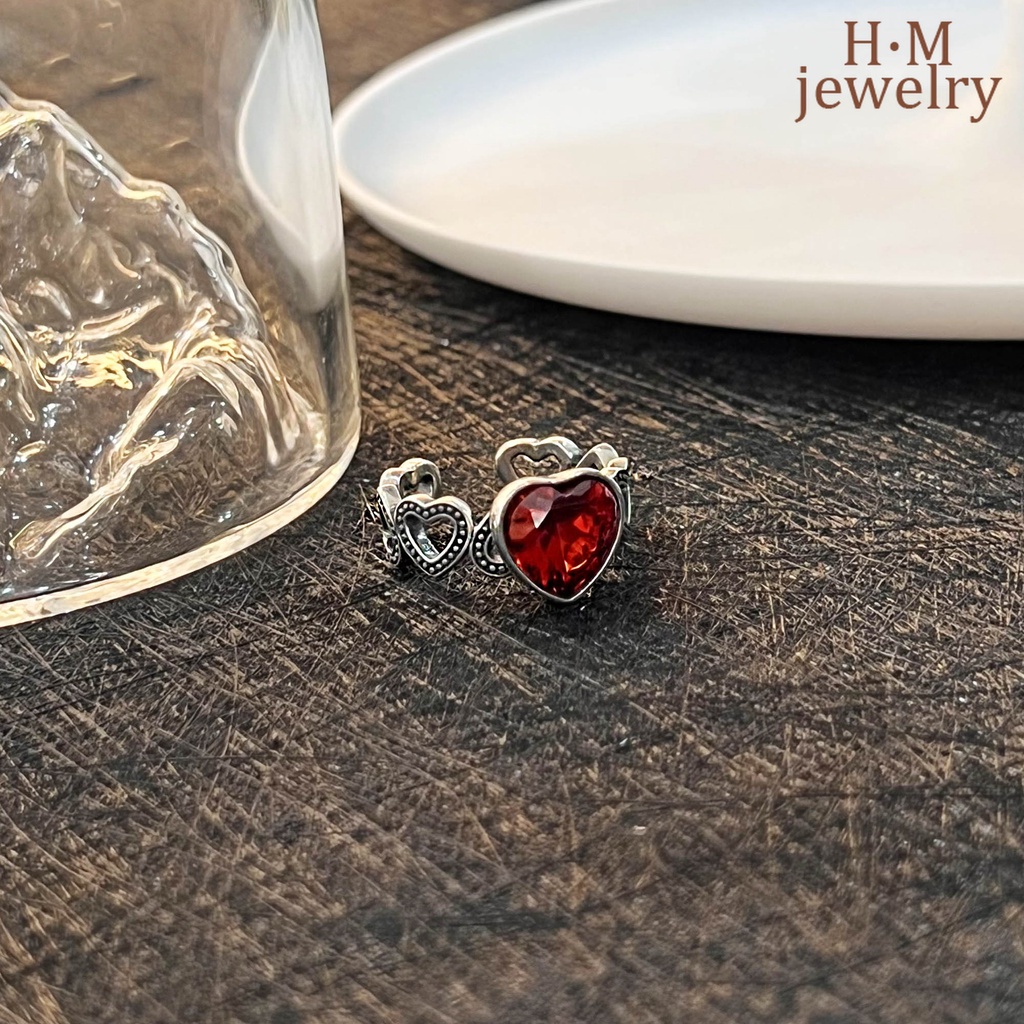 Cincin Model Terbuka Bentuk Hati Warna Merah Darah Merpati Gaya Retro