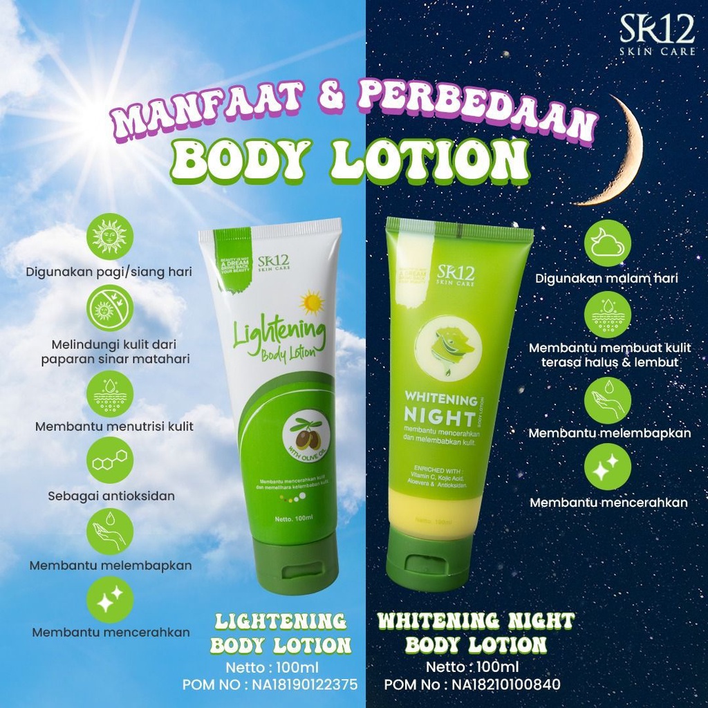 Body Lotion Day Night SR12 Pemutih Badan Hand Body Pencerah Kulit SPF 30+++ Krim Anti Belang Melembabkan Kulit Melindungi Dari Sinar UV