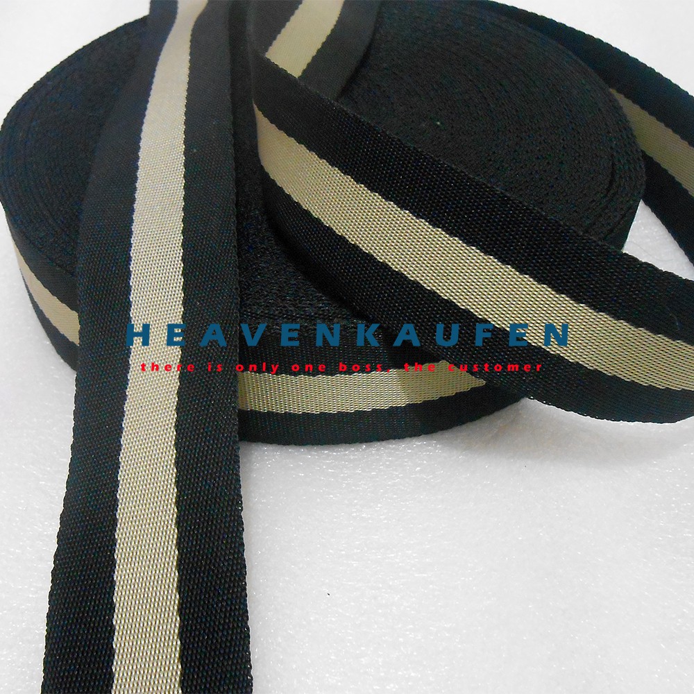 Webbing Tas Motif Hitam Strip Cream 3,8 cm Meteran