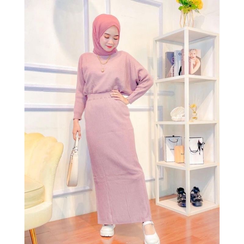 STELAN BATWING+ROK RAJUT PANJANG /ONE SET OUTHER KALONG LASPERAL-TERMURAH/atasan rajut wanita