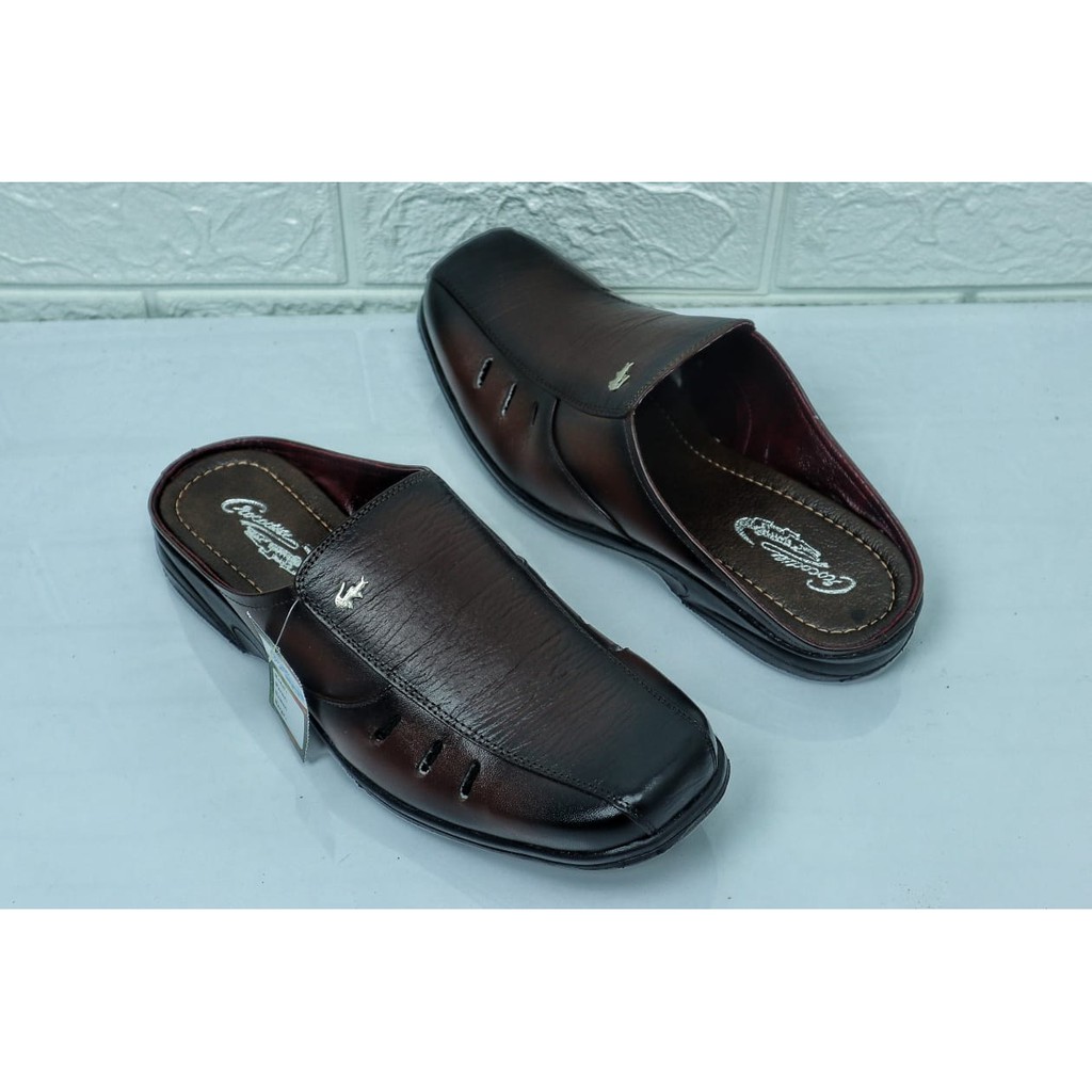 SL07 Sepatu Sandal Pria Kulit Sapi asli 100% Sandal Slop Bustong Corak Khas Kulit Sendal Motif kulit