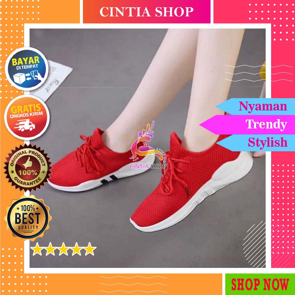 Sepatu Sneakers Wanita Model Korea Warna Hitam Merah Dengan Tali Kualitas Import Harga Murah | SS37